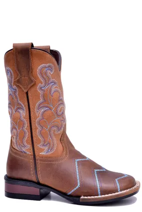 Boys Roper Brown Leather Square Toe Boot w/ Blue Chevron Stitching