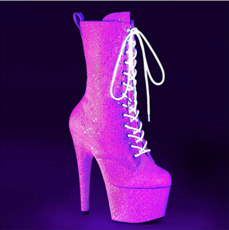 7" Heel Platform Lace-Up Front Ankle Boot Featuring UV Blacklight Reactive Glitter (ADORE-1040IG)