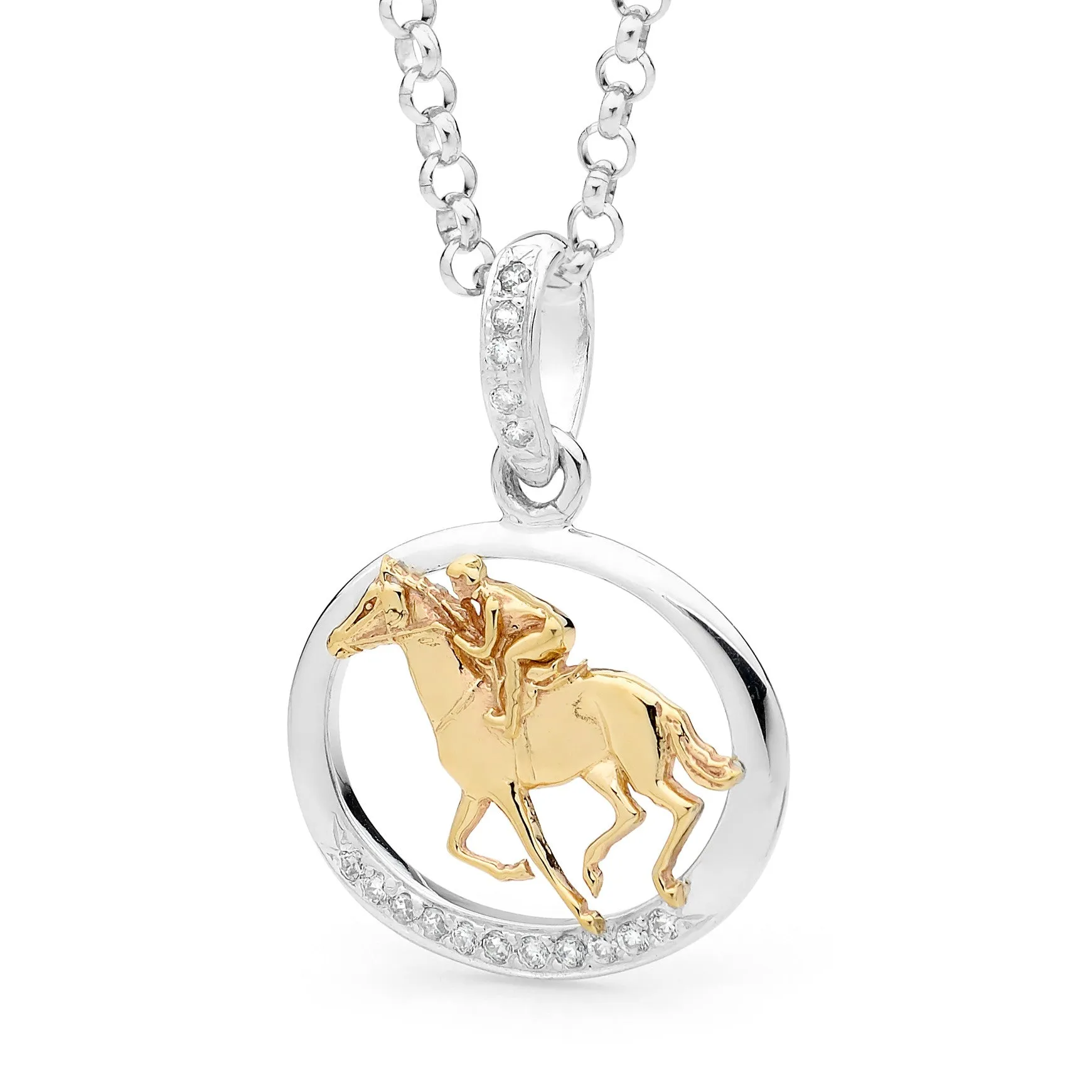 9ct Yellow Gold Racehorse in a Sterling Silver Oval Frame