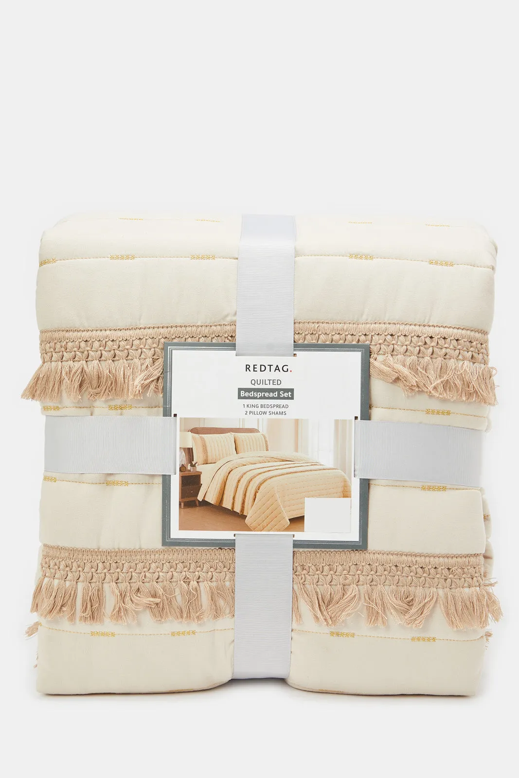 Beige 3-Piece Quilted Bedspread With Tassels (King Size)