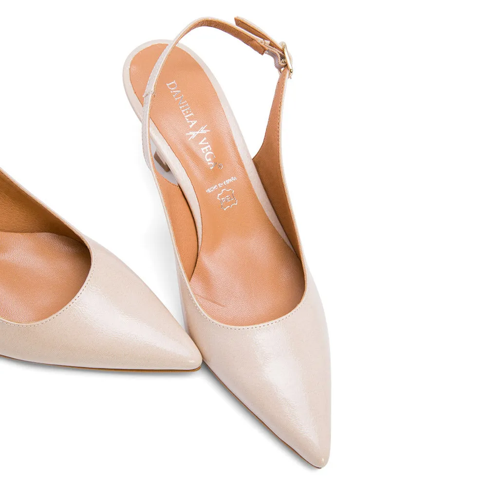 Beige Leather Slingback Heels