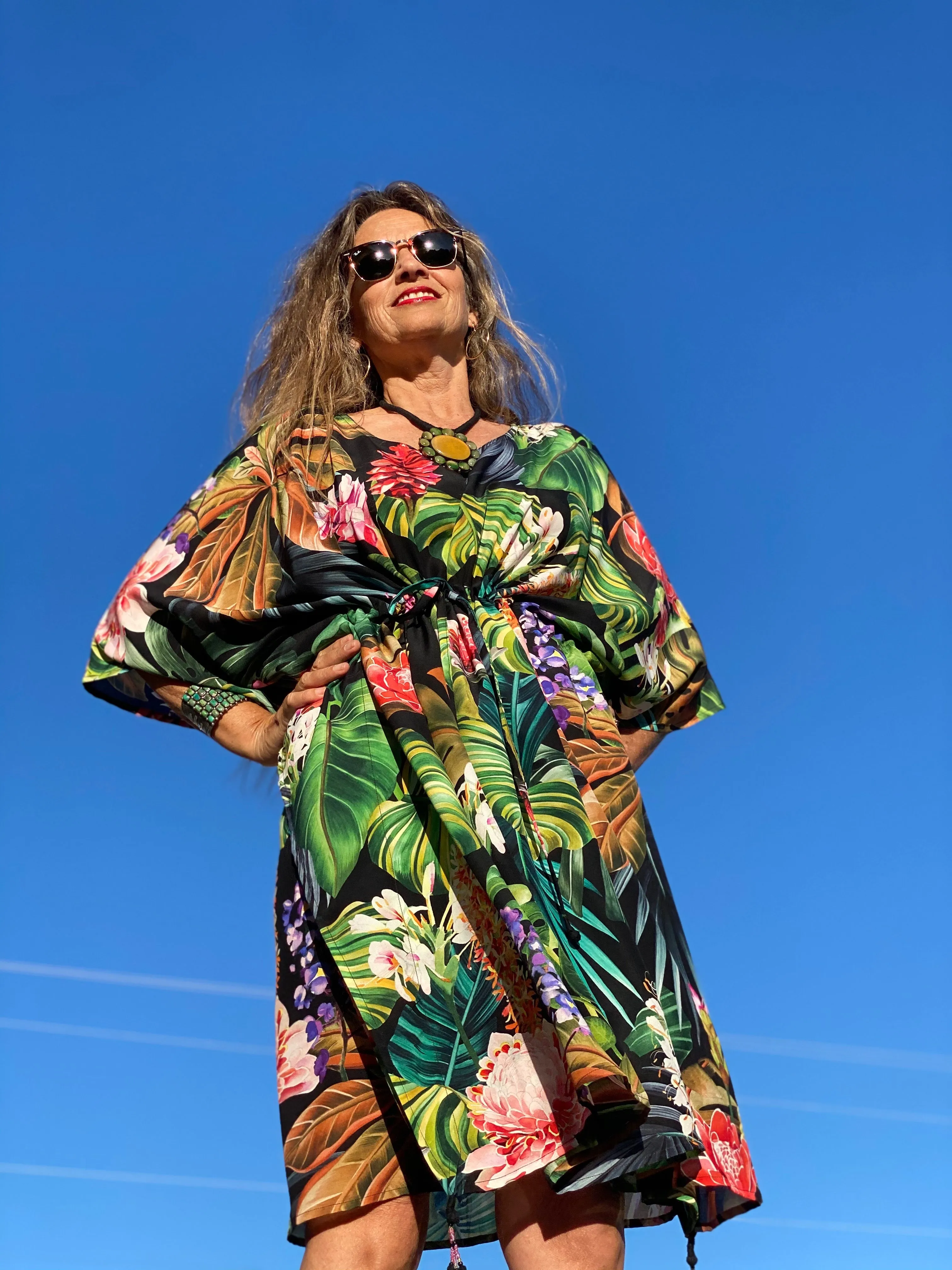 Black Botanica Italian Silk Midi Kaftan Dress