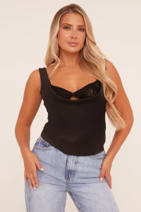 Black Satin Cowl Neck Cut Out Top - Debby