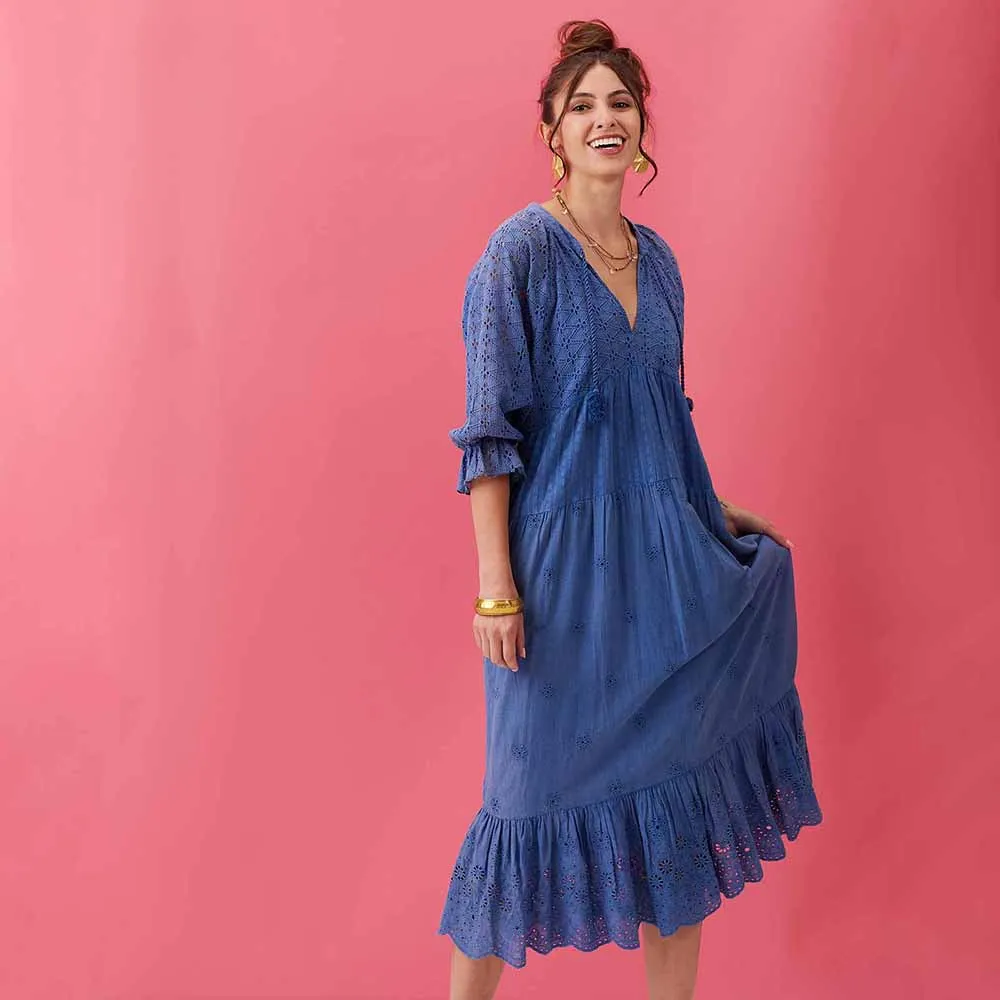 Blue Eyelet Long Tiered Dress