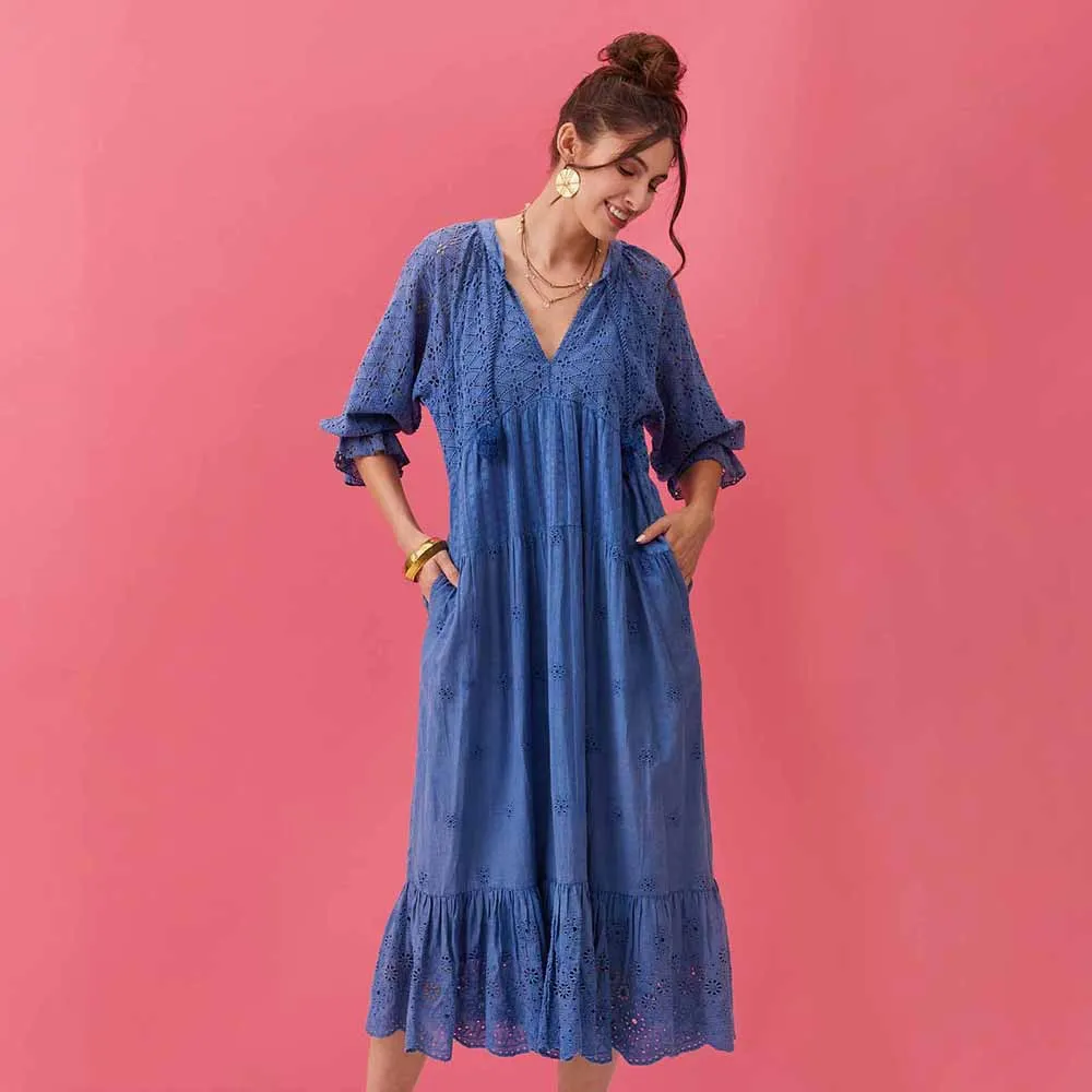 Blue Eyelet Long Tiered Dress