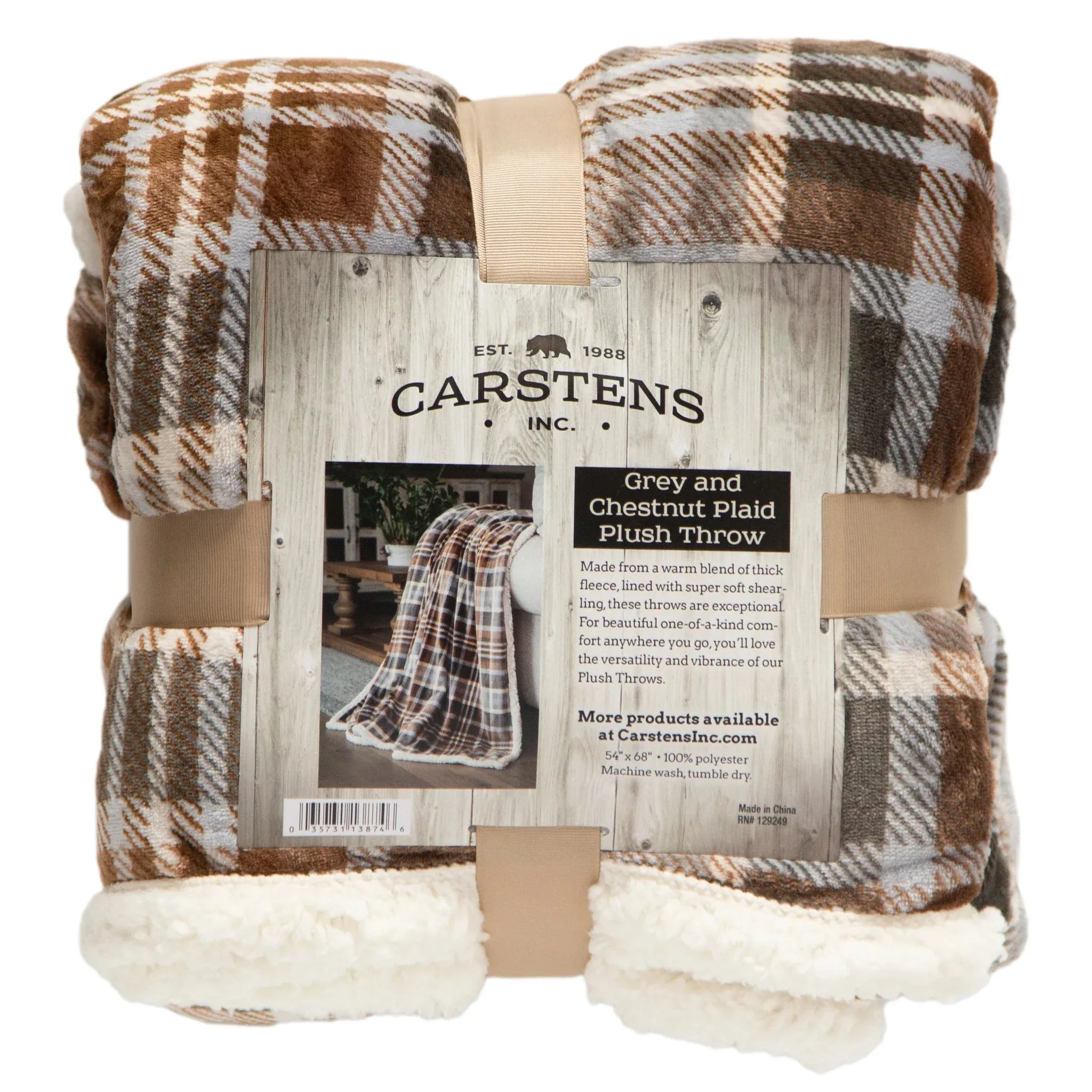 Carstens Grey & Chestnut Plaid Plush Throw