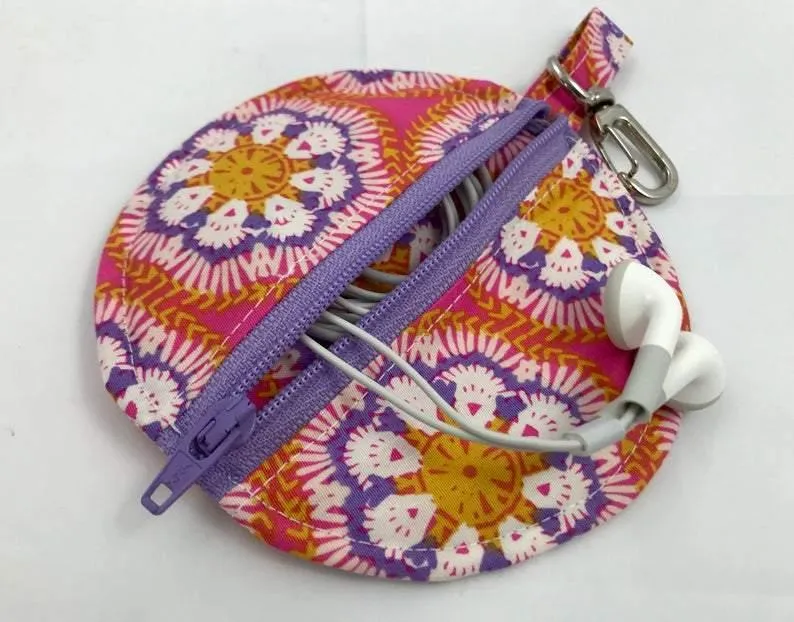 Earbud Case, Ear Bud Pouch, Lip Balm Cozy, Handmade, Floral, Bright Pink, Teacher's Gift