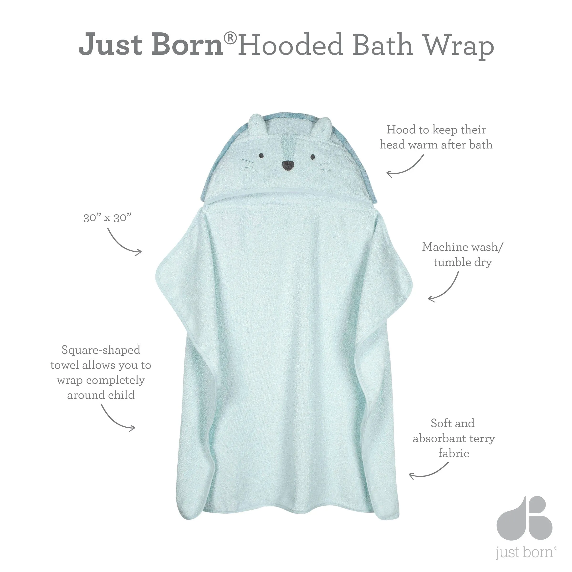 Embroidered Grey Hippo Hooded Bath Wrap