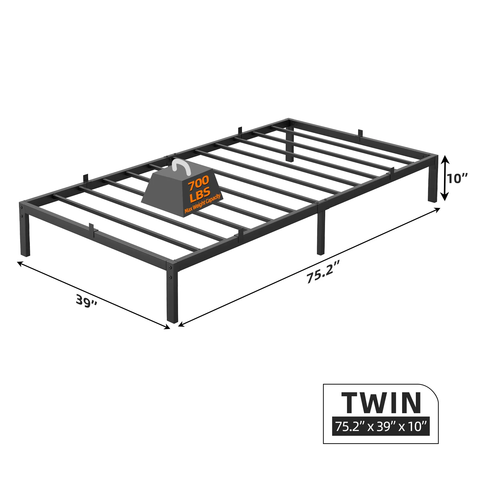 GARVEE 10 Inch Twin Bed Frame No Box Spring Needed, Heavy Duty Twin Platform Metal Bed Frame with Metal Slats, Easy Assembly, Noise Free, Black