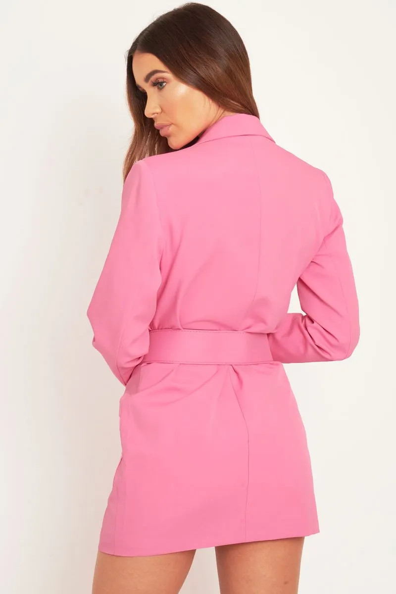 Pink Button Front Belted Blazer Dress - Justyne