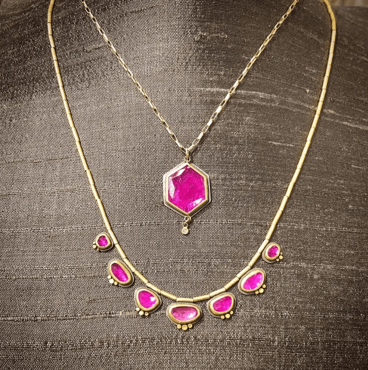 Ruby Hexagon Necklace with Diamond Drop