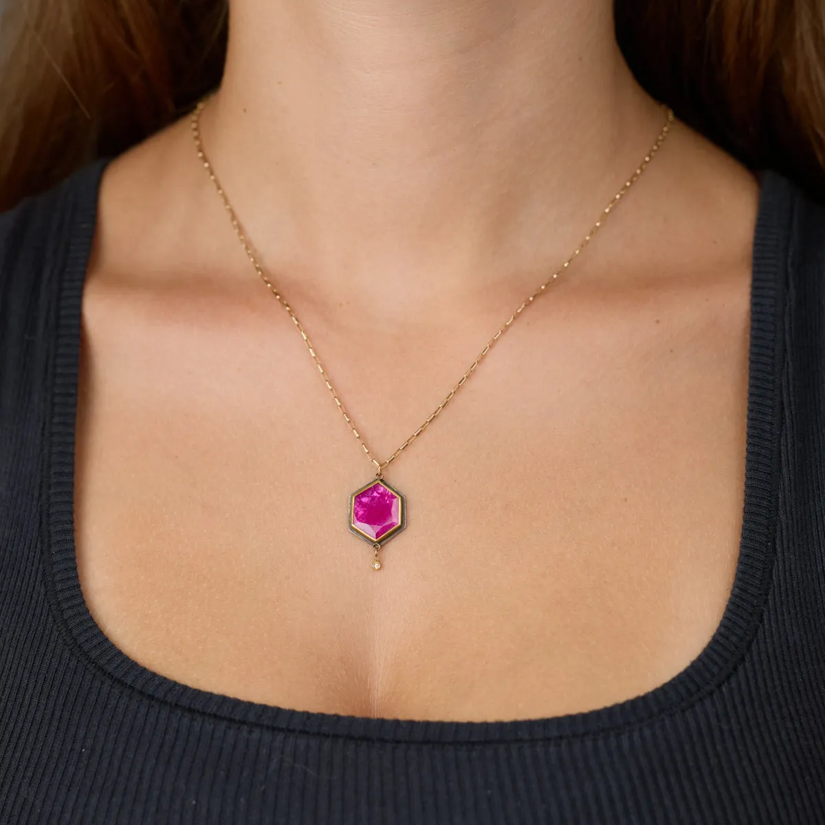 Ruby Hexagon Necklace with Diamond Drop