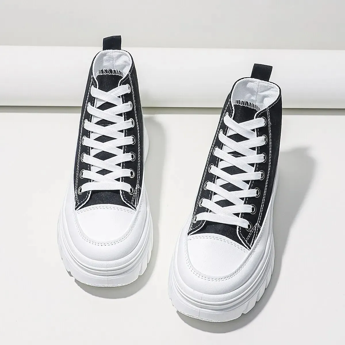 Women Lace-Up Front High Top Flatform Canvas Shoes Fashion Casual Comfortable Height Increasing Sneakers