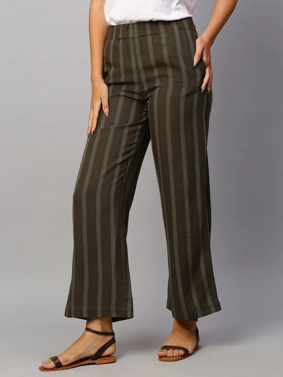 Women's Olive Viscose Linen Wide Leg Pant