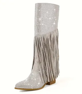 Women's Rhinestone Tassel Knee High Cowboy Boots, Wild Western Collection