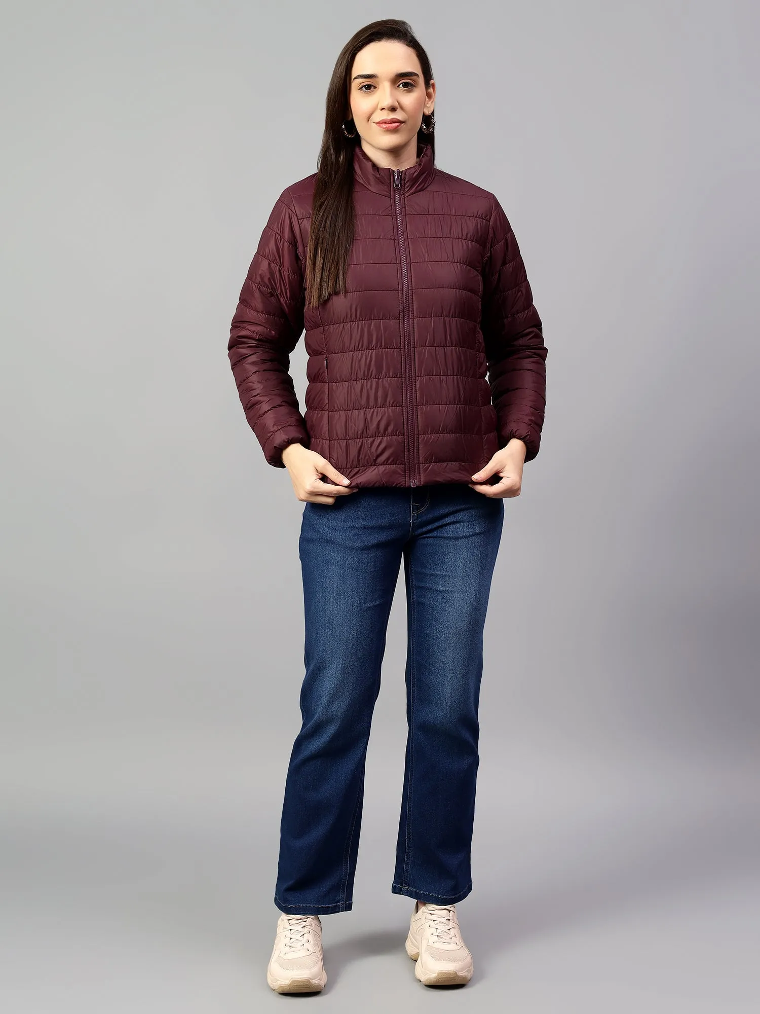 Women's Wine and Purple Solid Reversible Winter Jacket