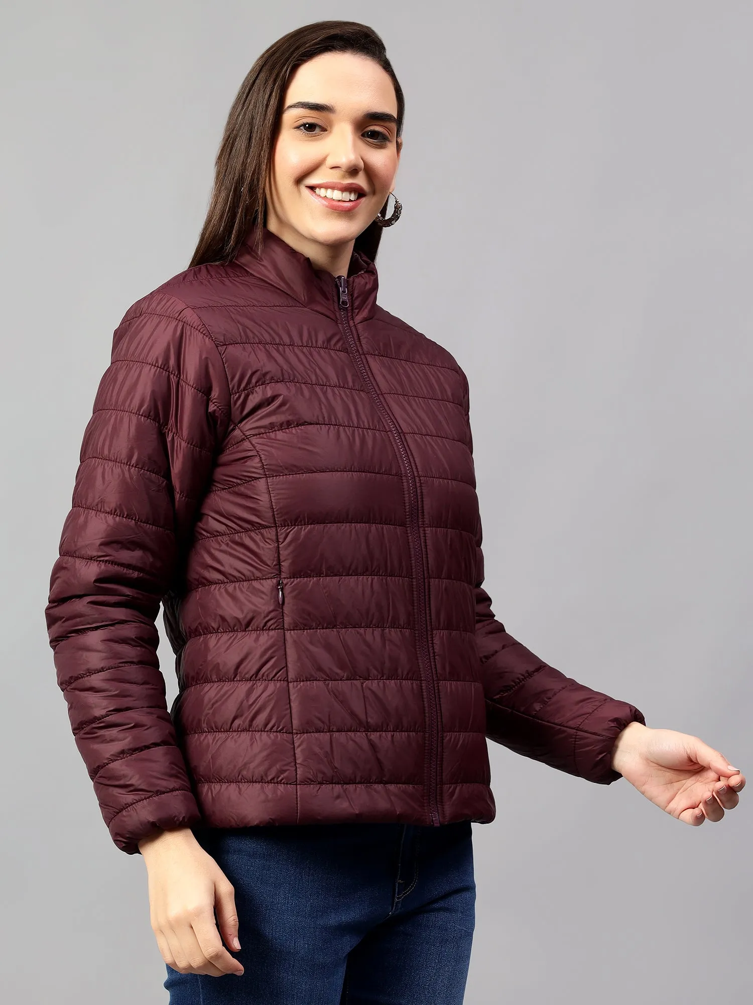 Women's Wine and Purple Solid Reversible Winter Jacket