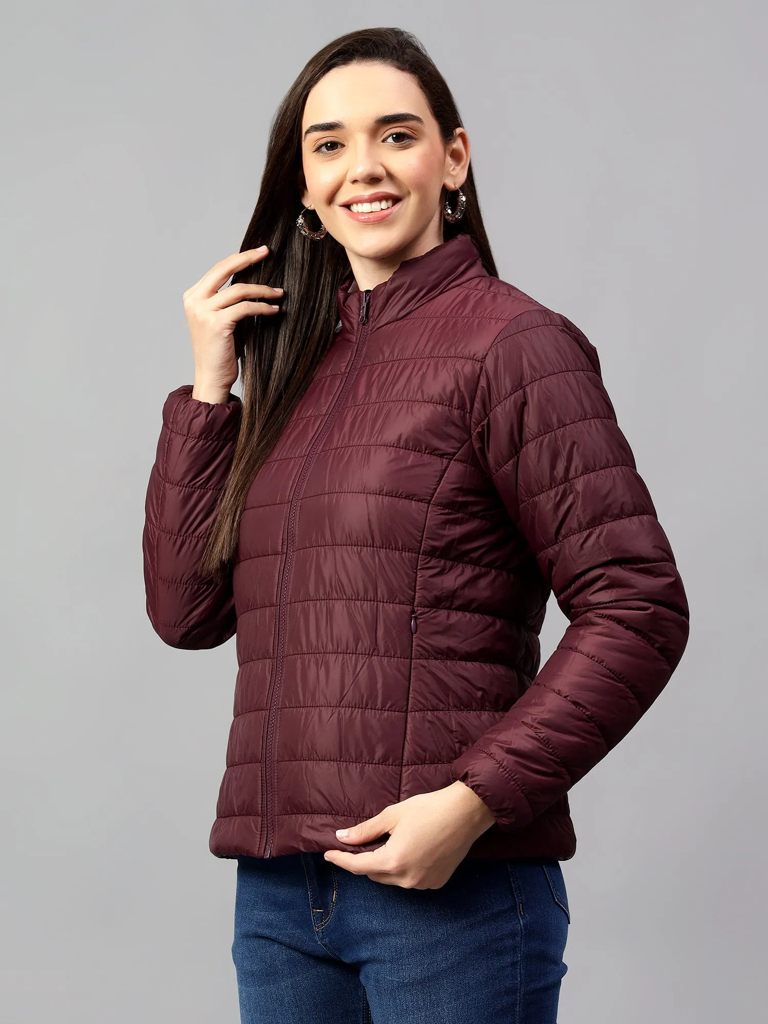 Women's Wine and Purple Solid Reversible Winter Jacket