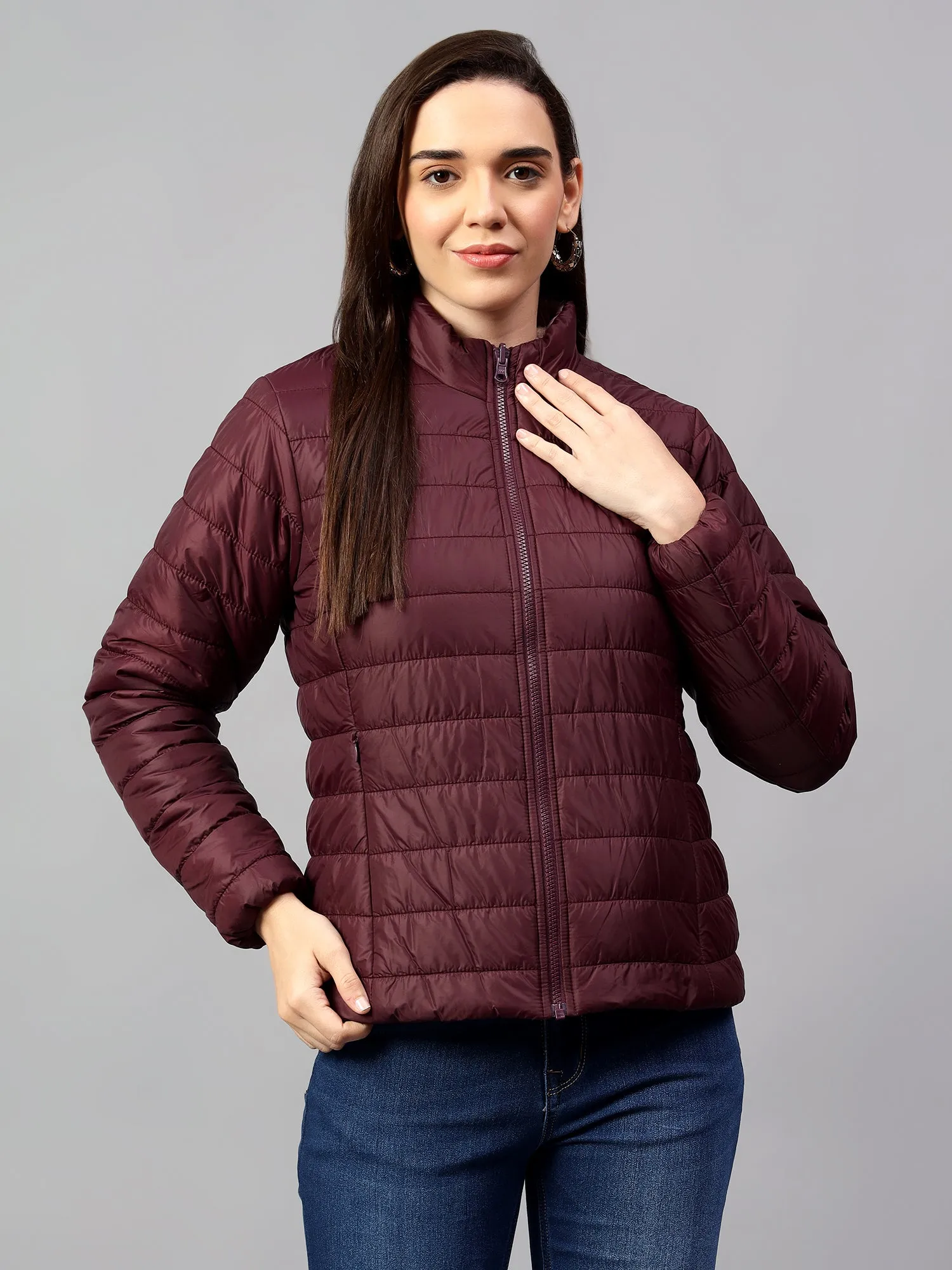 Women's Wine and Purple Solid Reversible Winter Jacket