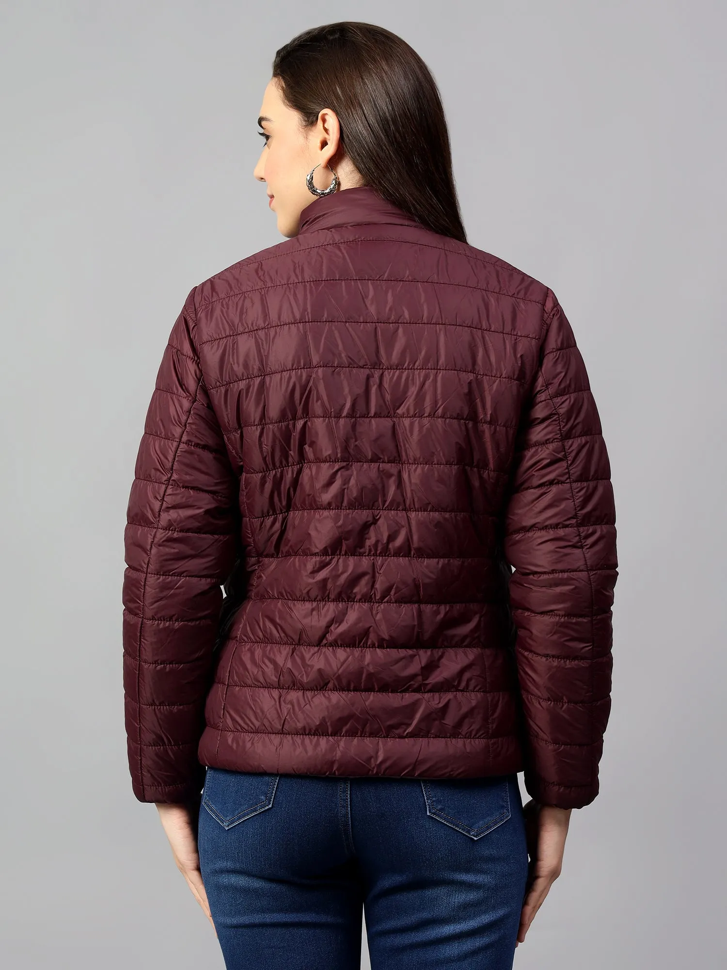 Women's Wine and Purple Solid Reversible Winter Jacket