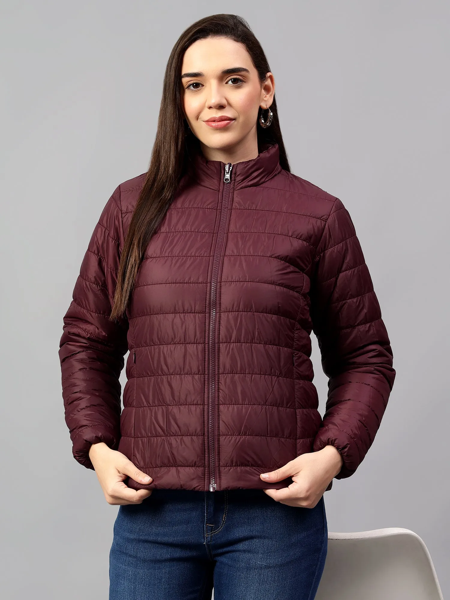 Women's Wine and Purple Solid Reversible Winter Jacket